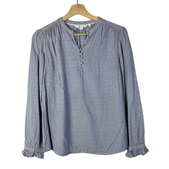 Boden Lori Light Blue Pink Embroidered Henley Long Sleeve Blouse 4 - Picture 2 of 5